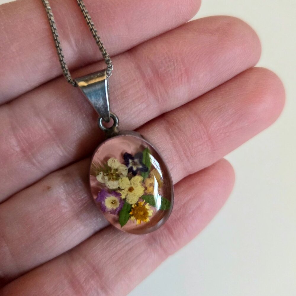 Sterling Silver 925 Mexico Pressed Flowers Pendant Botanical Floral Oval Pendant